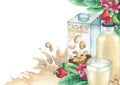 Watercolor carton of plant based milk decorated with glass, bottle, cashew nuts and plants. Royalty Free Stock Photo
