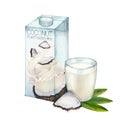 Watercolor carton of plant based milk decorated with glass and coconut Royalty Free Stock Photo