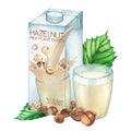 Watercolor carton of plant based milk decorated with glass and hazelnuts. Royalty Free Stock Photo