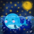 Watercolor cartoon baby whale and moon. Hand draw illustration. Royalty Free Stock Photo