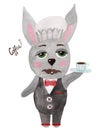 Watercolor cartoon beautiful bunny with coffee or tea