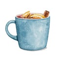 Watercolor cartoon blue Christmas cup with hot mulled wine drink