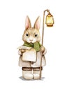 Watercolor cartoon bunny in clothes singing Christmas carols Royalty Free Stock Photo