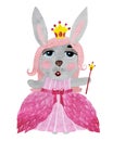 Watercolor cartoon bunny in dress and crone