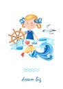 Watercolor cartoon card with cute sailor girl in a sea suit.Little captain at the steering wheel.Watercolour marine Royalty Free Stock Photo