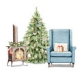 Watercolor cartoon chair, burning stove, gifts box, toys and Christmas tree