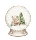 Watercolor cartoon chair, gifts boxes, toys and Christmas tree in snow globe Royalty Free Stock Photo