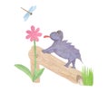 Watercolor cartoon child violet dinosaur, fallen tree, dragonfly and flower watercolor illustration hand painted
