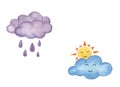 Watercolor cartoon clouds and sun as sign of weather forecast or design elements for print