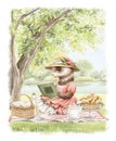 Watercolor cartoon composition with ferret in vintage outfits reading book and drinking tea on blanket in nature