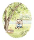 Watercolor cartoon composition with little hedgehog in clothes rides on a swing by tree