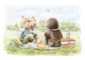 Watercolor cartoon composition with mouse and mole animals on picnic