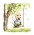 Watercolor cartoon composition with mouse sitting in clothes and rides on swing by tree