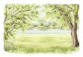 Watercolor cartoon composition with spring green landscape with trees, river and grass Royalty Free Stock Photo