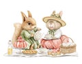 Watercolor cartoon composition with squirrel and rabbit in vintage outfits on picnic Royalty Free Stock Photo