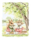 Watercolor cartoon composition with squirrel and rabbit in vintage outfits on picnic in summer green