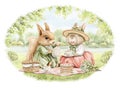 Watercolor cartoon composition with squirrel and rabbit in vintage outfits on picnic in summer green nature