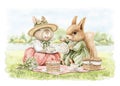 Watercolor cartoon composition with squirrel and rabbit in vintage outfits on picnic in summer green nature