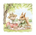 Watercolor cartoon composition with squirrel and rabbit in vintage outfits on picnic in summer green nature