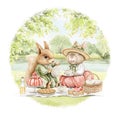 Watercolor cartoon composition with squirrel and rabbit in vintage outfits on picnic in summer green nature