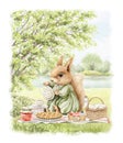 Watercolor cartoon composition with squirrel in vintage outfit on picnic in summer green nature