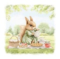 Watercolor cartoon composition with squirrel in vintage outfit on picnic in summer green nature Royalty Free Stock Photo