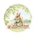 Watercolor cartoon composition with squirrel in vintage outfit on picnic in summer green nature