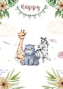 Watercolor cartoon cute baby Zebra, Giraffe and Hippo safari animals with tropical frame background. Nursery african illustration