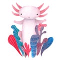 Watercolor cartoon cute posing Axolotl with waterplant