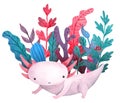 Watercolor cartoon cute posing Axolotl with waterplant