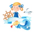 Watercolor cartoon cute sailor girl in a sea suit.Little captain at the steering wheel.Watercolour marine illustration