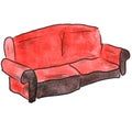 Watercolor cartoon drawing red sofa isolated on Royalty Free Stock Photo