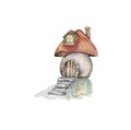 Watercolor cartoon fairy tale mushroom house with wooden door. Royalty Free Stock Photo