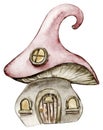 Watercolor cartoon fairy tale mushroom house with wooden door. Royalty Free Stock Photo