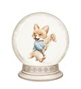 Watercolor cartoon fox in clothes riding a toy horse in snow globe Royalty Free Stock Photo