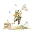 Watercolor cartoon frog toad in vintage outfit catches butterflies with a net Royalty Free Stock Photo