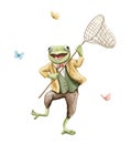 Watercolor cartoon frog toad in vintage outfit catches butterfly with net Royalty Free Stock Photo