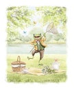 Watercolor cartoon frog toad in vintage outfit catches butterfly with net at picnic in nature