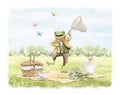 Watercolor cartoon frog toad in vintage outfit catches butterfly with net at picnic in nature