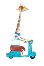 Watercolor cartoon giraffe dressed up in t-shit and trousers wearing helmet and sunglasses riding a scooter