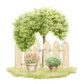 Watercolor cartoon green garden with tree, flowers, fence and holiday flags