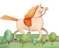 Watercolor cartoon horse. Kiddish illustration of the cartoon horse galloping across the field. Royalty Free Stock Photo