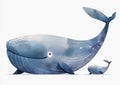 Watercolor cartoon illustration of a blue whale and her baby, isolated on a white background. Generative AI Royalty Free Stock Photo
