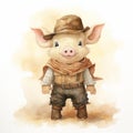 Watercolor Cartoon Illustration Of A Cowboy Pig Royalty Free Stock Photo