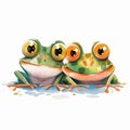 Watercolor cartoon illustration of cute couple of funny frogs on a white background. Generative AI