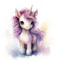 Watercolor cartoon illustration of cute unicorn on white background Royalty Free Stock Photo