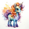 Watercolor cartoon illustration of cute unicorn on white background Royalty Free Stock Photo