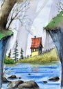 Watercolor cartoon illustration of a fairytale landscape with a house Royalty Free Stock Photo