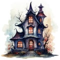 Watercolor cartoon illustration of Halloween spooky house on a white background Royalty Free Stock Photo