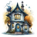 Watercolor cartoon illustration of Halloween spooky house on a white background Royalty Free Stock Photo